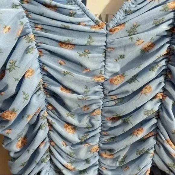 Zara Blue Tulle Flower Print V Neck Blouse 0003/416 - Picture 6 of 6